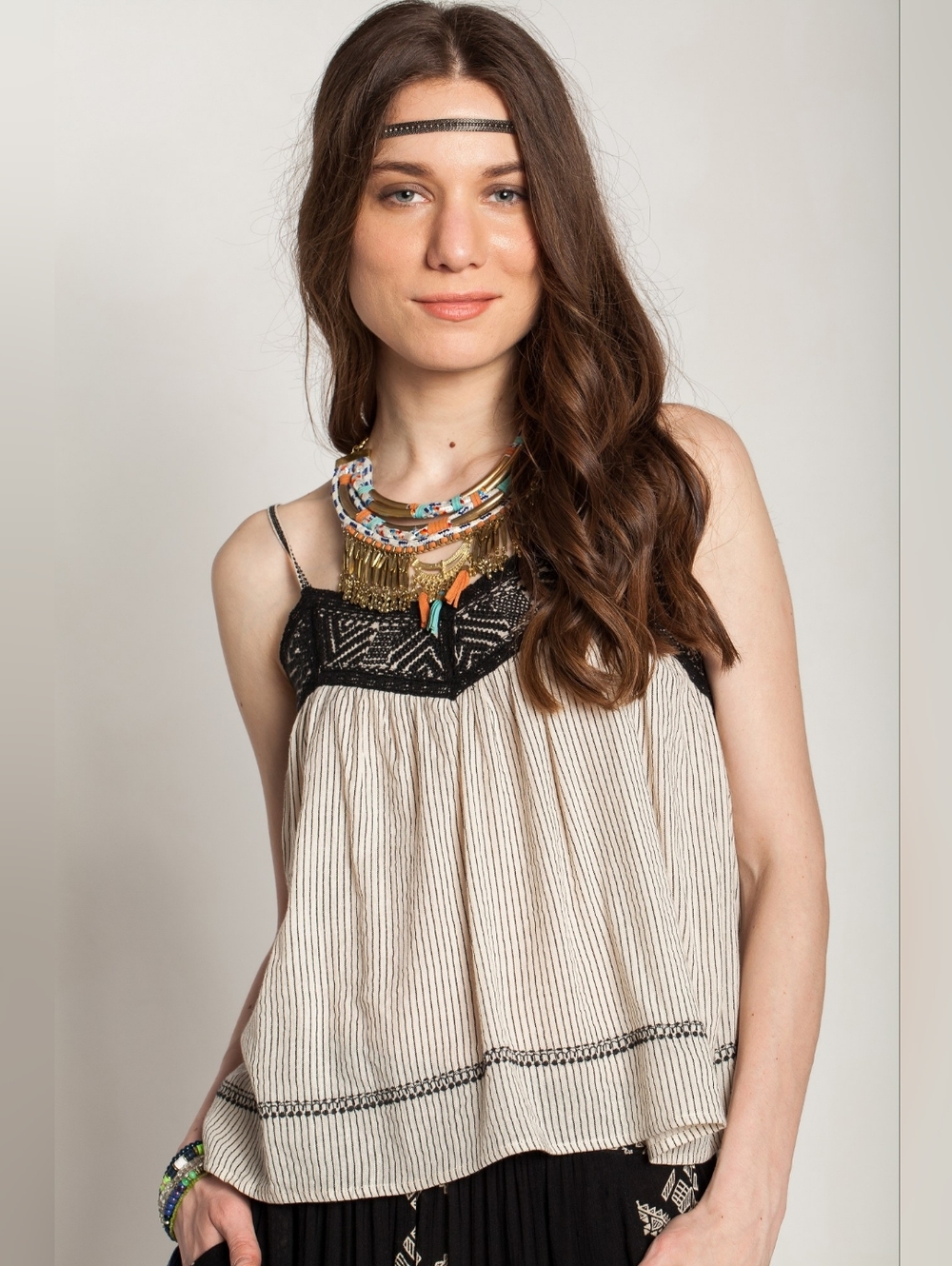 Boho Babydoll Flowy Stripe Tank Top with Black Lace Trim Small EUC